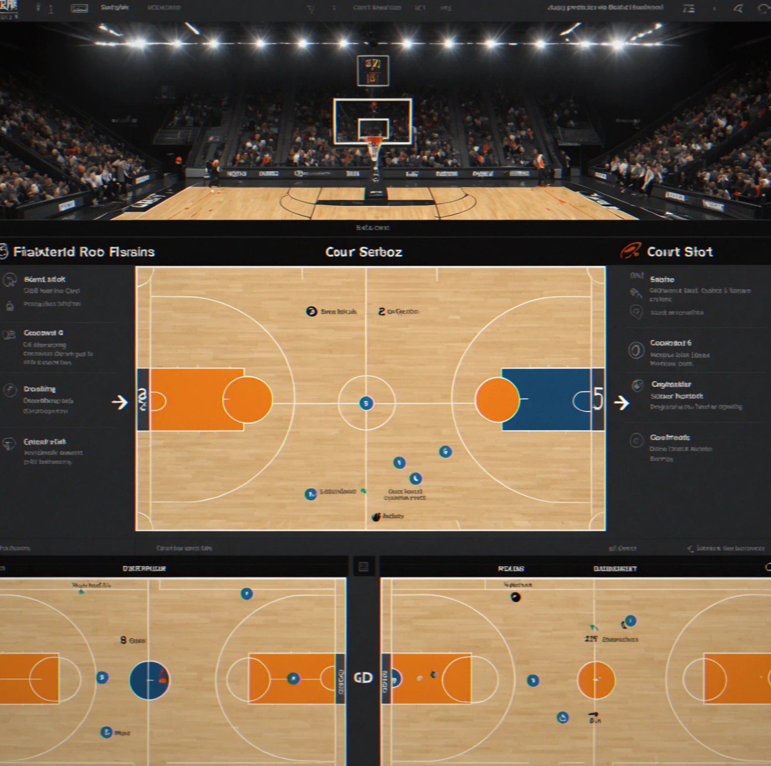 Overhead court view showing pick-and-roll spacing with defender rotations highlighted