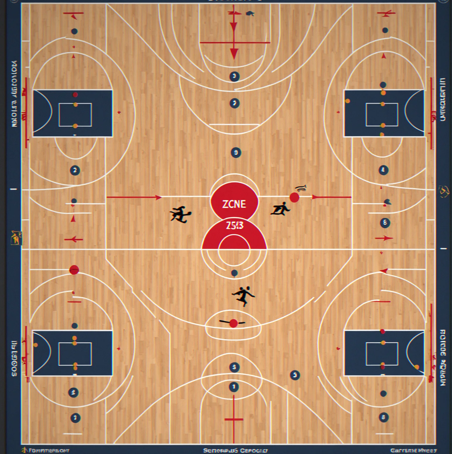 Side-by-side comparison of 2-3 zone formation and man-to-man defense alignmrnt with matchup lines