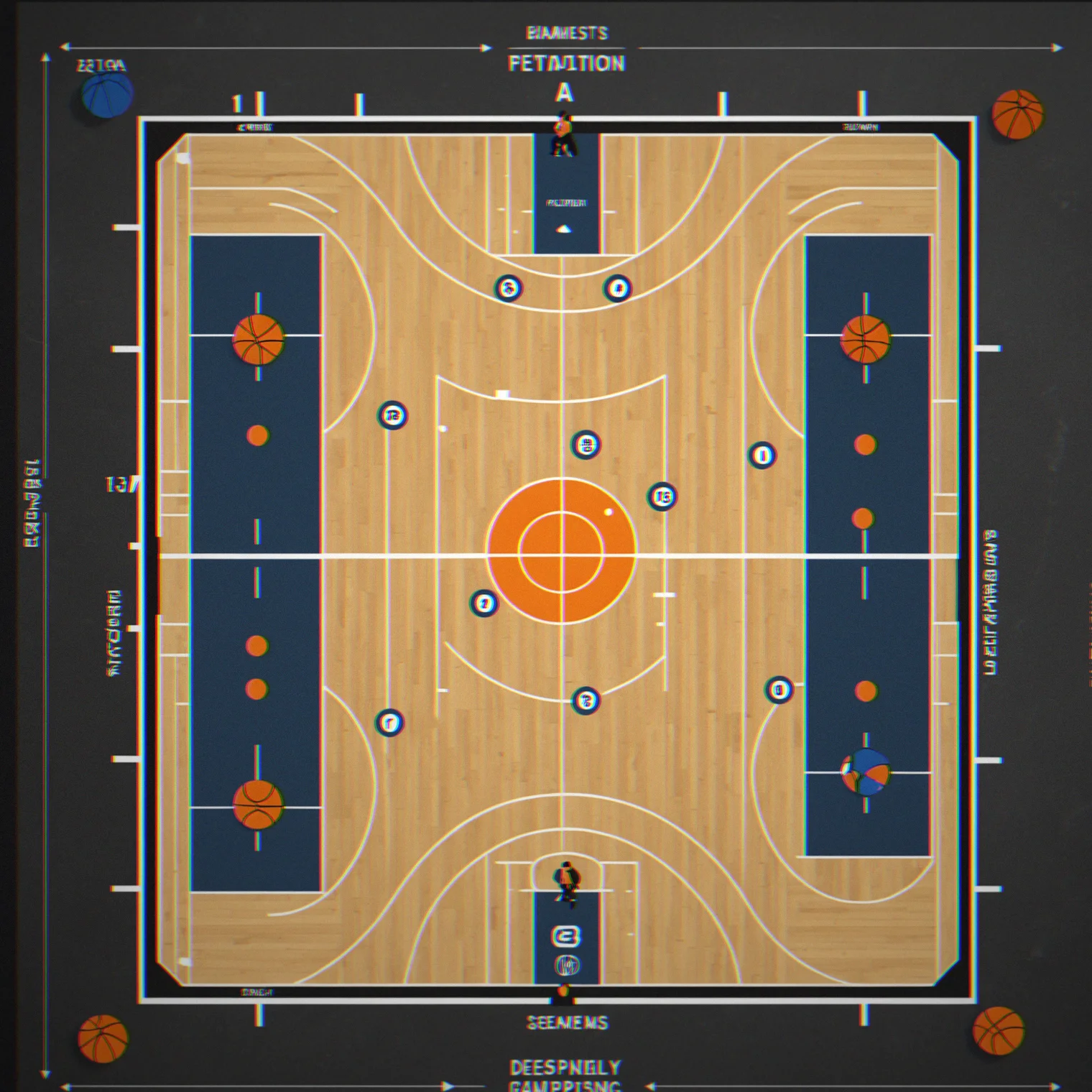 Overhead court diagram showing pick-and-roll with roll man, screener, and defensive rotation lanes