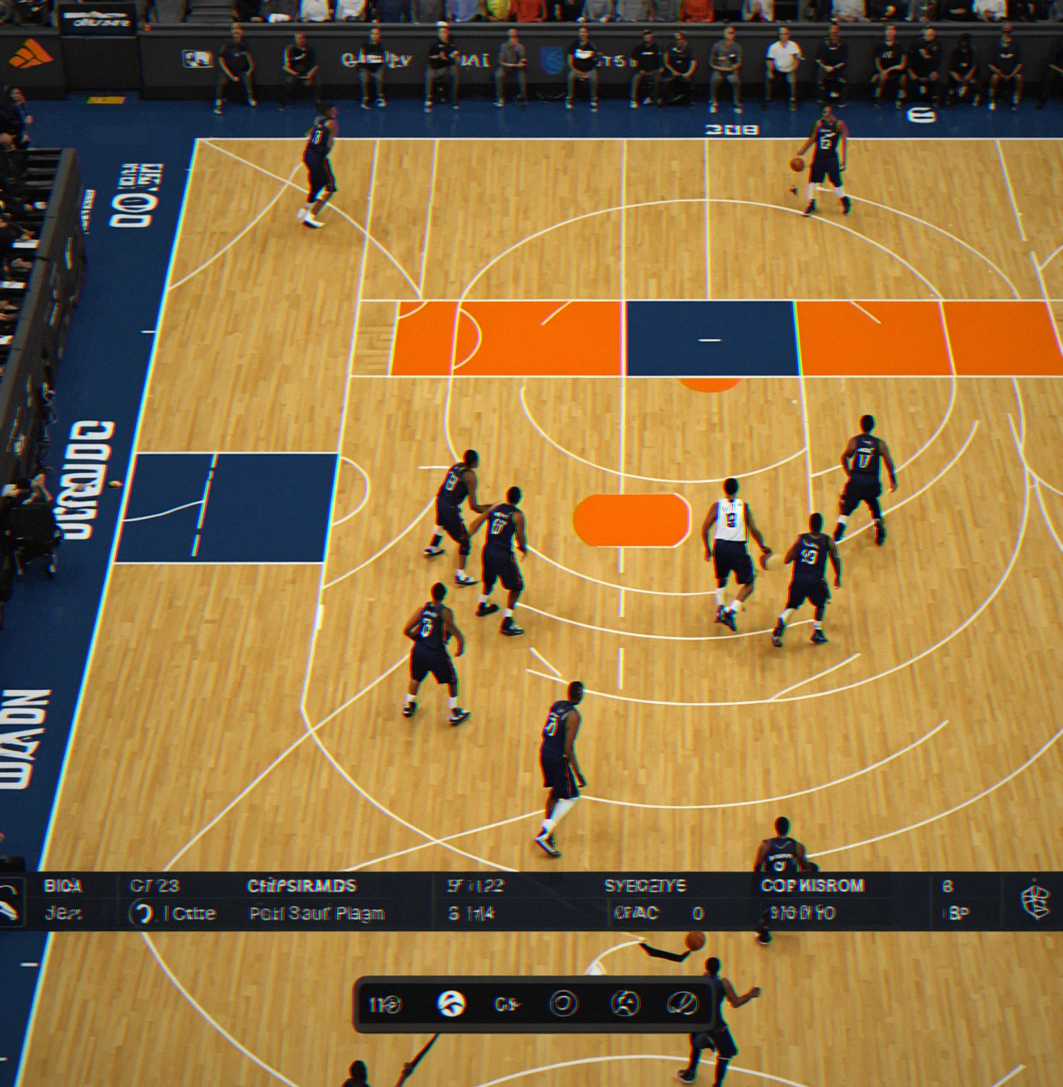 Real-time play-calling interface during a pick-and-roll with offensive spacing highlighted